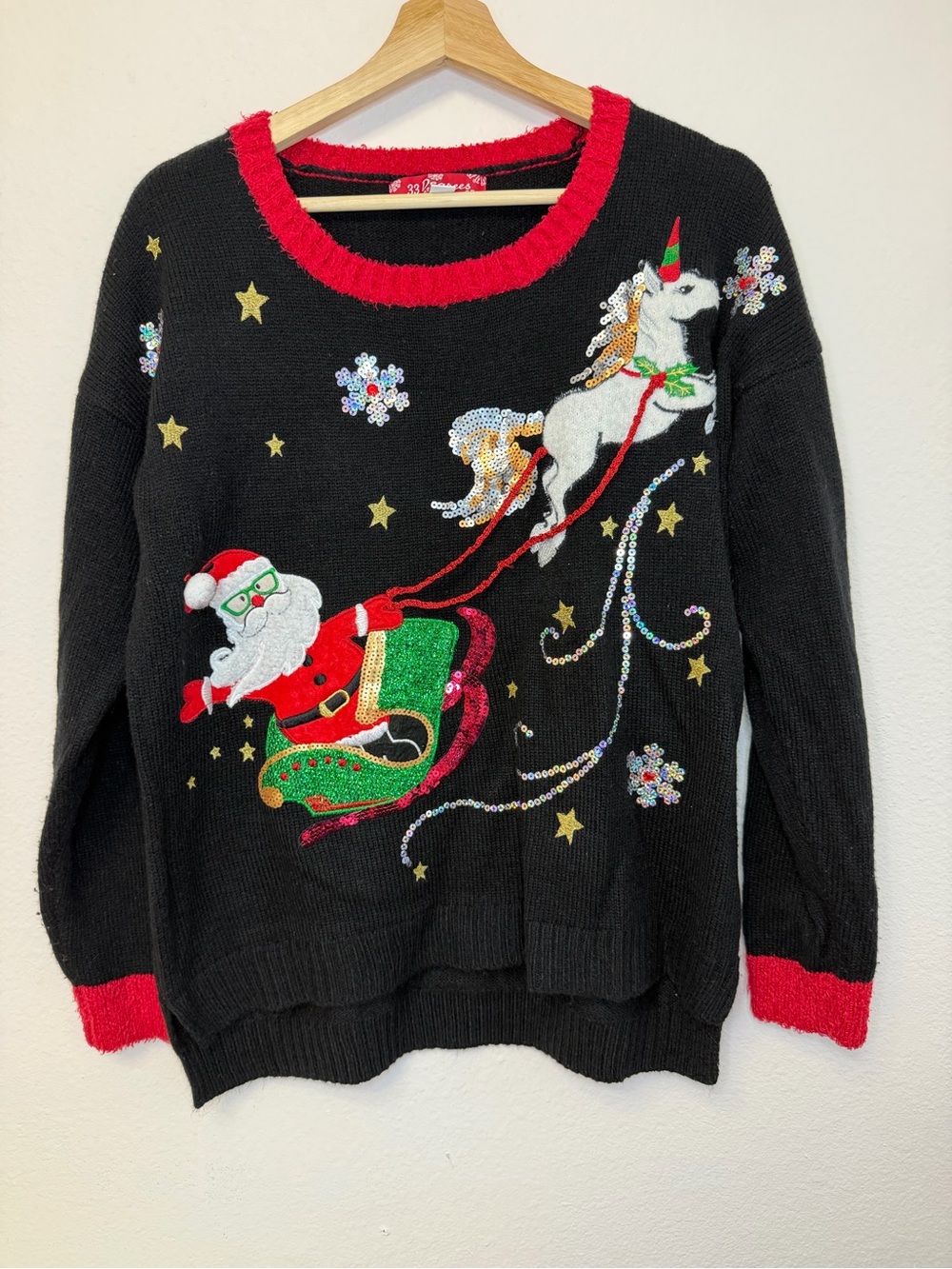 33 Degrees Christmas Sweater Santa’s sleigh with unicorn